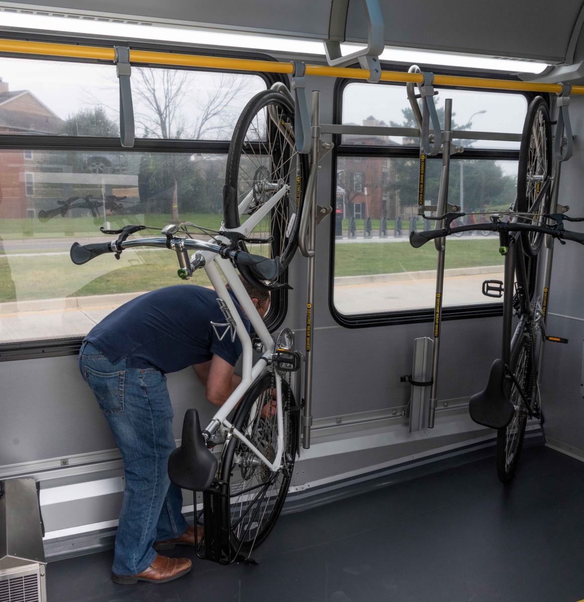 MCDOTNow's tweet photo. On the #RideThe Flash bicycles board through the back door (third door).
Dismount and roll your bike on board. Use the Interlock bike rack system to secure your bike inside the bus.
Details= https://t.co/8lh1S4drYX
@BikeToWorkDay @MCBikePlan #MoCoBikes #bikemoco https://t.co/Ypt9IiW8NN