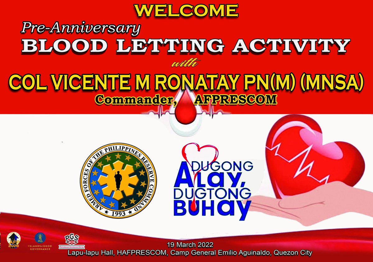AFPRESCOfficial's tweet photo. AFP Reserve Command, in partnership with Dugong Alay, Dugtong Buhay. Blood donors were dominated by AFPRESCOM reservists with the participation of some NFR NCR reservists. The said activity was conducted relative to the upcoming AFP Reserve Command 29th Founding Anniversary. https://t.co/KKldWcp0al