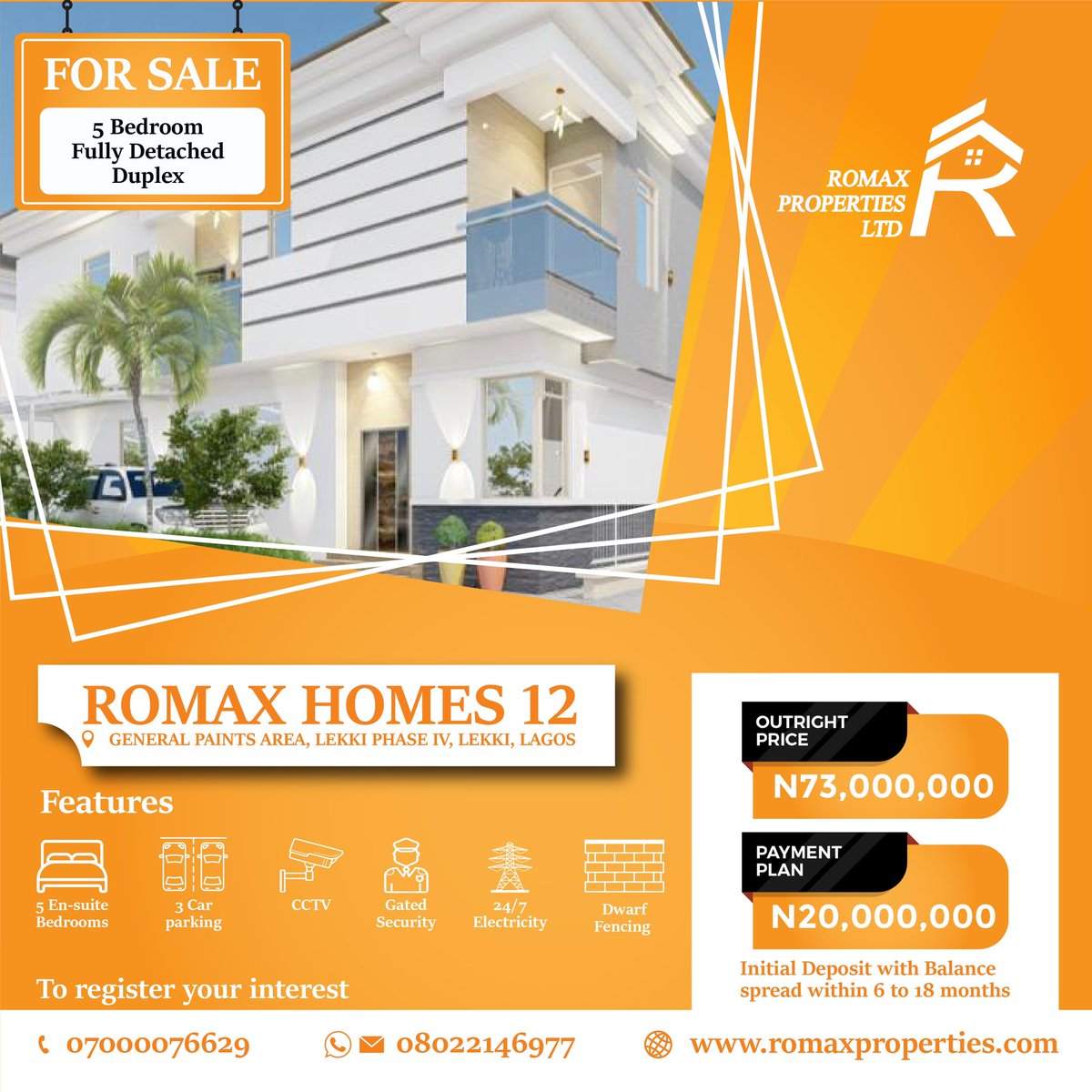 romaxproperty's tweet photo. For sale 5 Bedroom Fully Detached Duplex.
At our Romax Homes 12 Estate, located
at General Paints Area, Lekki Phase IV,
Lekki, Lagos.
Price: N73,000,000
Initial deposit of N20Mwith balance
spread within 6 to 18 Months.
#romaxproperties #lagos #RealEstate https://t.co/c7oZqDj5cs