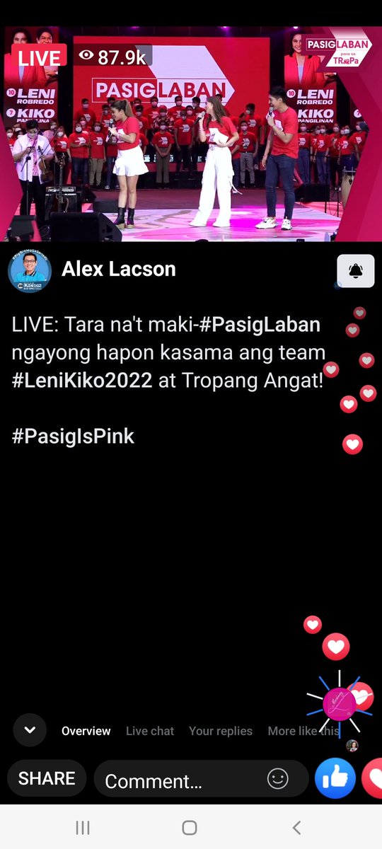 Purple_Ela's tweet photo. From @AlexLLacson 's FB. 87K strong viewers!
#PasigLabanParaSaTRoPa 
#PasigisPink 
#10RobredoPresident 
#KikoAngManokKo 
#PresidentialDebate2022 
#TropangAngat https://t.co/wr7WayDHy0