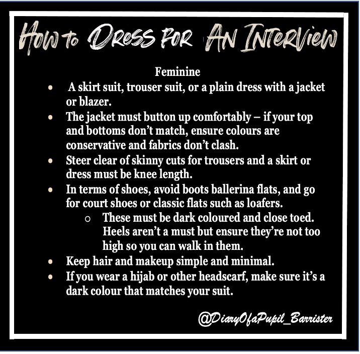 diaryofa_Barris's tweet image. HOW TO DRESS FOR AN INTERVIEW👔👗 

In the midst of Pupillage interviews and Scholarship interviews, here are our top interview attire tips. First impressions are pivotal, so don’t miss out! 
#Pupillage, #Pupillageapplications, #Barrister, #Minipupillage #Interview #scholarship