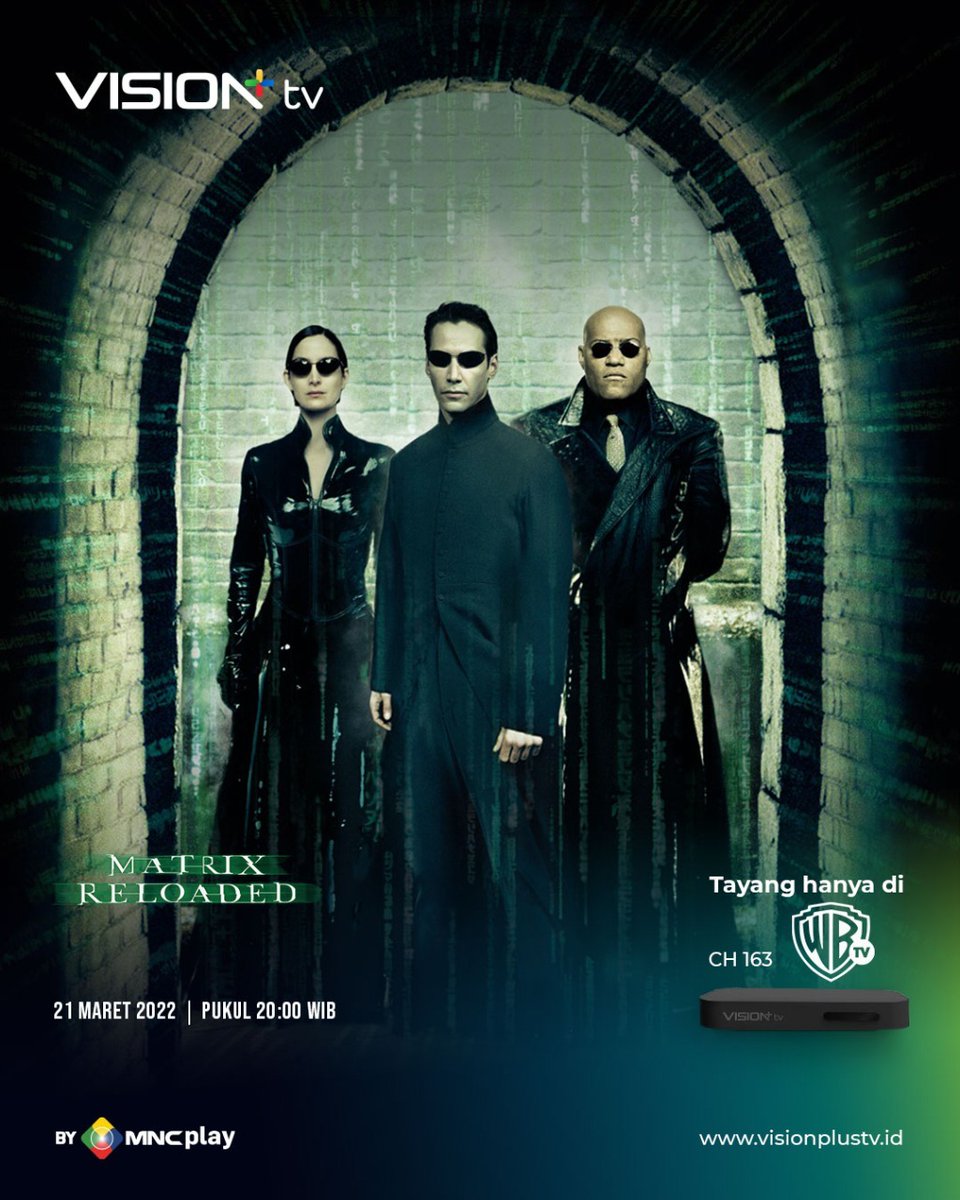 vradiofm's tweet photo. Beberapa jam sebelum penghancuran kelompok manusia terakhir di Bumi. Nonton The Matrix Reloaded di channel Warner TV di Vision+ TV!

Gak cuma tayangan ini, kamu bisa nonton konten lainnya seperti 18.000 jam tayang film dan series on demand

#VisionPlusTV #ChannelPremium https://t.co/YAvVDlCh1G