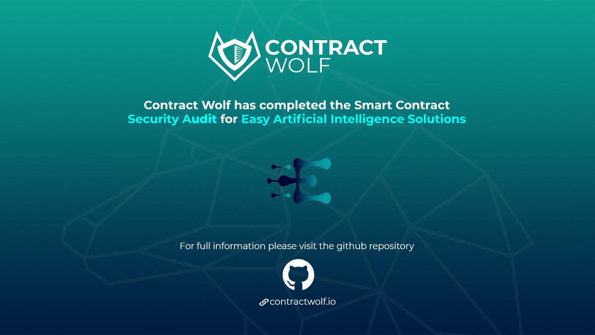 contractwolf_io's tweet photo. ContractWolf gladly announces the final report of smart contract audit for 
@EAIsolutions 

Request a quote
https://t.co/8afUTl8eDy

Check the full report 
https://t.co/rpjcHSiTRz

#ContractWolf #SmartContract #SecurityAudit https://t.co/Bv1AyhZpMG