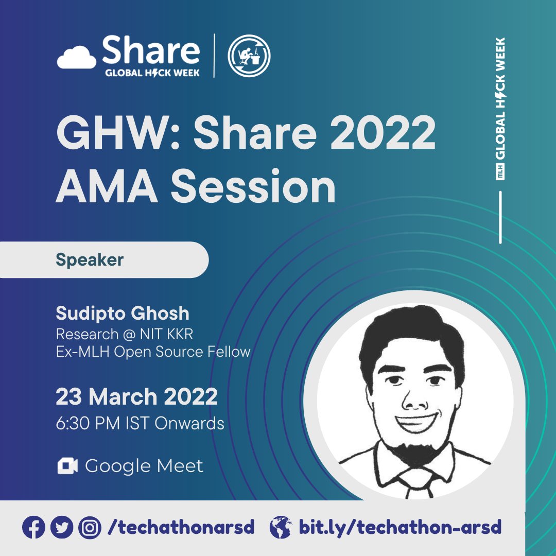 techathonarsd's tweet photo. Join this upcoming doubt session by @ScientificGhosh (Ex-MLH Open Source Fellow) if you have any doubts regarding @mlhacks and the #GlobalHackWeek event. Join our Discord Server to access the meeting link! https://t.co/TdOIPZpfNq #community #AMA https://t.co/V6alflhMYQ
