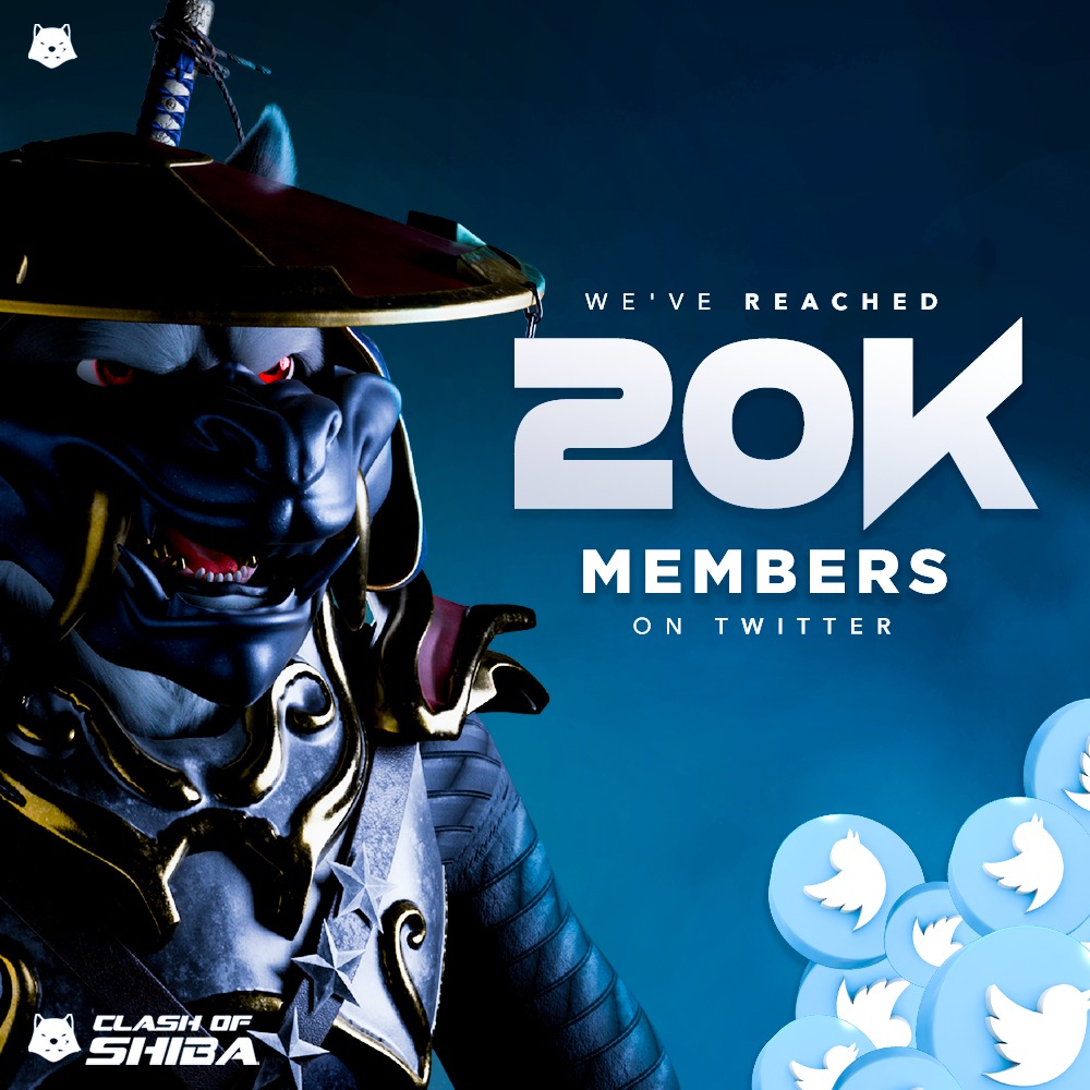 A few days before the mint date, we just reached the 20 000 Twitter followers mark ✅

We're really proud of the community we're building every day together COS Family 🐶

This is only starting ⚔️

#ClashofShiba #COS #ShibArmy