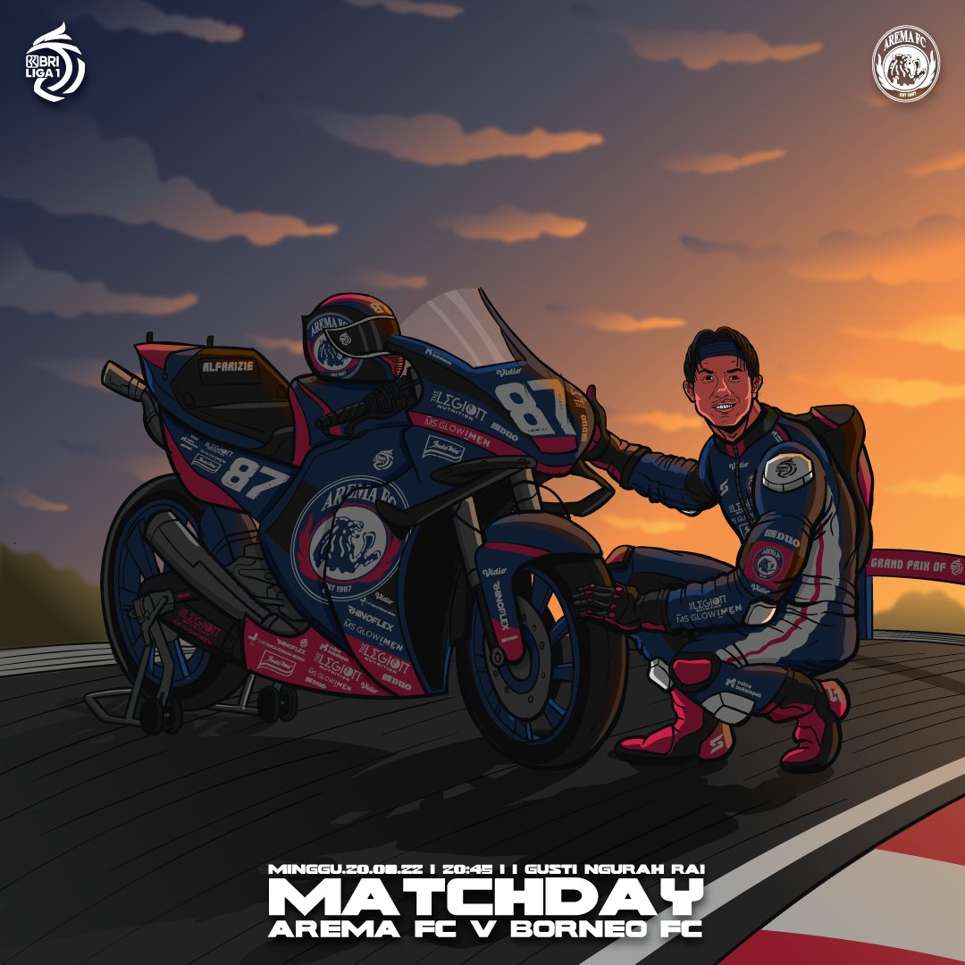 AremafcOfficial's tweet photo. Siap untuk terus melaju !🦁🏍️🏁
#AremaDay

🏆 BRI Liga 1 | MatchDay #32
⚽ AREMA FC Vs BORNEO FC
⏰ Kick Off: 20:45 WIB
📺 Live : @Indosiar &amp; @vidio

🖌️ @krewolkartun
#solidarity
#aremafc #aremania #salamsatujiwa
#AremaFCVsBorneoFC #BRILiga1 #DukungDariRumah https://t.co/UihqGdwqEM