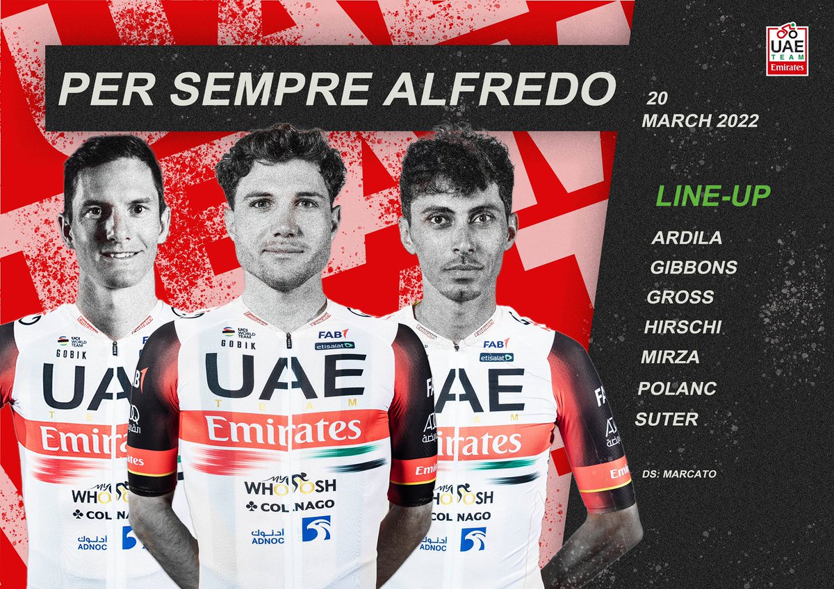 @UAE-TeamEmirates (@teamemiratesuae) on Twitter photo We're ready to go racing in Italy again today at #PerSempreAlfredo ๐ฎ๐น, hereโs our lineup for the race:
๐จ๐ด Camilo #Ardila
๐ฟ๐ฆ <a href="/RyanGibbons23/">Ryan Gibbons</a>
๐ฉ๐ช Felix #Gross
๐จ๐ญ<a href="/MarcHirschi/">Hirschi Marc</a>
๐ฆ๐ช <a href="/yousifmirza/">yousif mirza</a>
๐ธ๐ฎ <a href="/PolancJan/">Jan Polanc</a>
๐จ๐ญ Joel #Suter
#UAETeamEmirates #WeAreUAE We're ready to go racing in Italy again today at #PerSempreAlfredo ๐ฎ๐น, hereโs our lineup for the race:
๐จ๐ด Camilo #Ardila
๐ฟ๐ฆ <a href="/RyanGibbons23/">Ryan Gibbons</a>
๐ฉ๐ช Felix #Gross
๐จ๐ญ<a href="/MarcHirschi/">Hirschi Marc</a>
๐ฆ๐ช <a href="/yousifmirza/">yousif mirza</a>
๐ธ๐ฎ <a href="/PolancJan/">Jan Polanc</a>
๐จ๐ญ Joel #Suter
#UAETeamEmirates #WeAreUAE