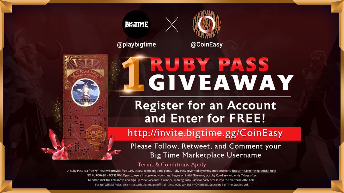 Coiniseasy's tweet photo. 🎊@coiniseasy x @playbigtime Giveaway🎊

🎉 Win A Ruby Pass! 🎉

No purchase necessary.

Follow 🗣
Retweet 🔁
Signup for Big Time Marketplace and comment your username below! 👇

https://t.co/JoGjzv40QS https://t.co/nA8Qpo6dAQ