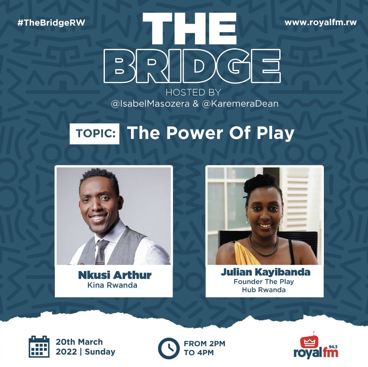 TheBridgeRw's tweet photo. You are invited to a vital conversation today on “The Power Of Play”. @KinaRwanda ‘s @ArthurNkusi &amp; @JulianKayibanda founder @TPlayhub will help us understand the Importance of Play in Early Childhood. 

#Rwot Are you currently prioritizing play time with your kids? If yes, How? https://t.co/OrLi3kfi96