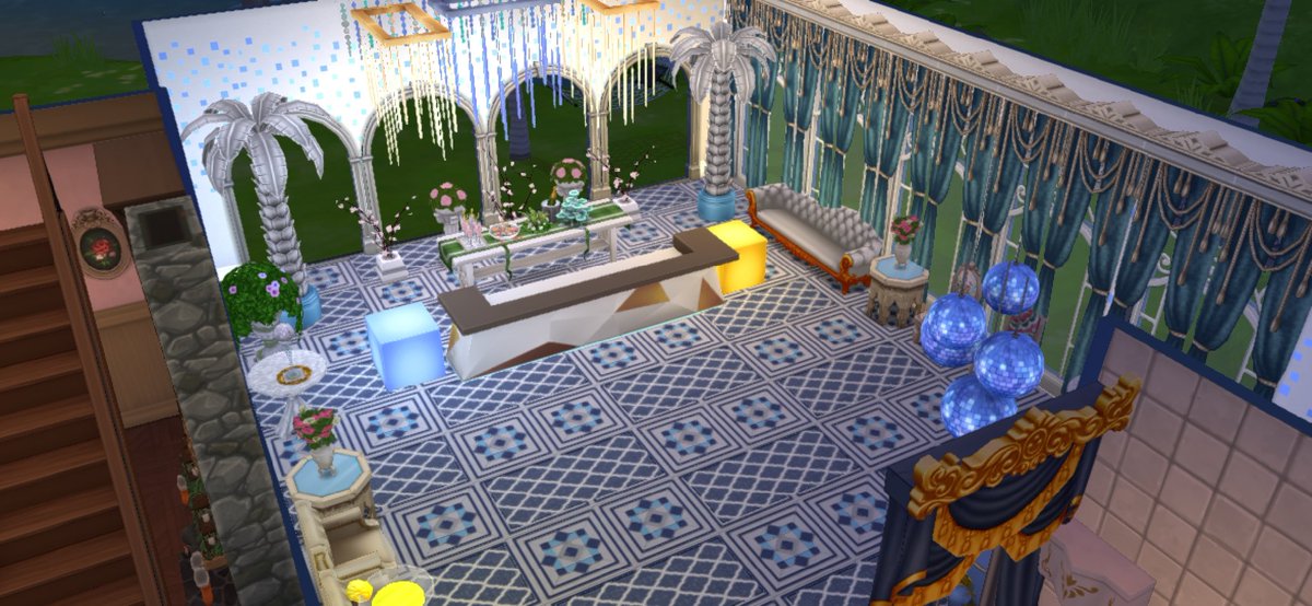 She_Phoenix's tweet photo. This is my ballroom for the competition.  The theme of this ball is dedicated to Ukraine. My Sims collect donations for children in Ukraine.💙💛
#TSMBallOfTheSeason #EAgiveaway @TheSimsMobile #thesimsmobile https://t.co/Mgv947aehv