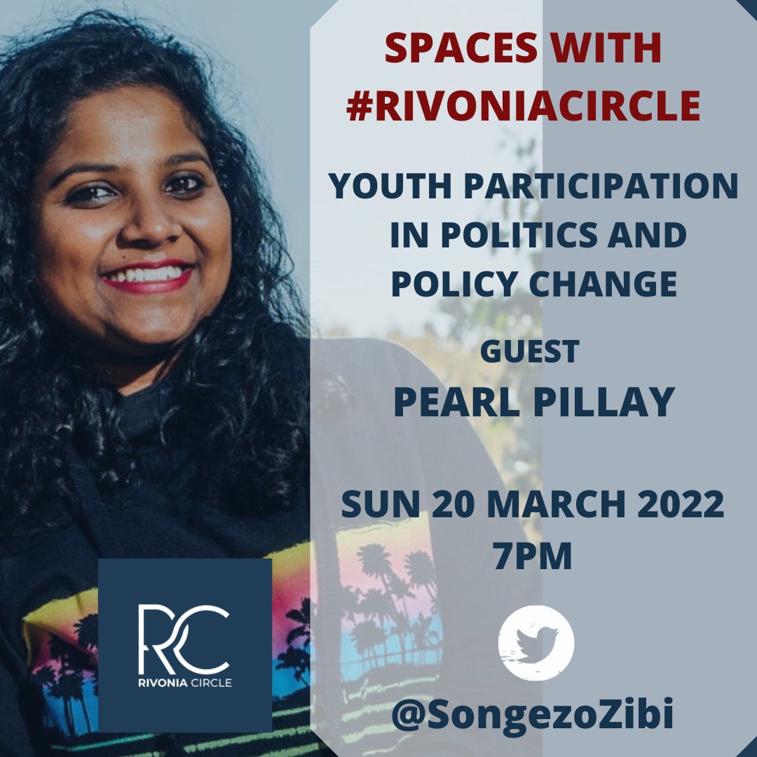 rivonia_circle's tweet photo. [SPACES ALERT]

Tonight at 7PM on #RivoniaCircle Spaces we host @PearlPillay as we discuss youth participation in politics and policy. 

Young people are the largest political constituency. How do we encourage more political participation among them?

Host link on @SongezoZibi TL https://t.co/rOecfhMbmi