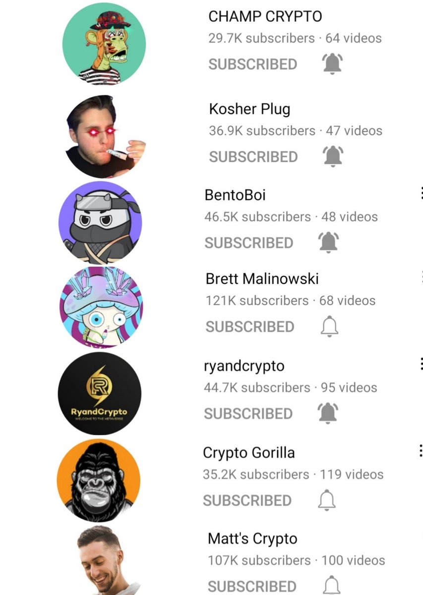 Thread 🧵 (1/2)
✅These are multiple respectable, and intelligent YOUTUBE influencers in the NFT space that you must subscribe to!

1. <a href="/champtgram/">champ 💫</a> 🏆
2. <a href="/KosherPlug/">Dylan Lundgren</a> 🔌
3. <a href="/BentoBoiNFT/">BentoBoi</a> 🥷
4. <a href="/thebrettway/">Brett Malinowski</a> 🍄
5. <a href="/cryptogorilla/"></a> 🦍
6. <a href="/MattCobuzio/">Matt</a> 🥶
 Legends 👏 #NFT #NFTCommmunity