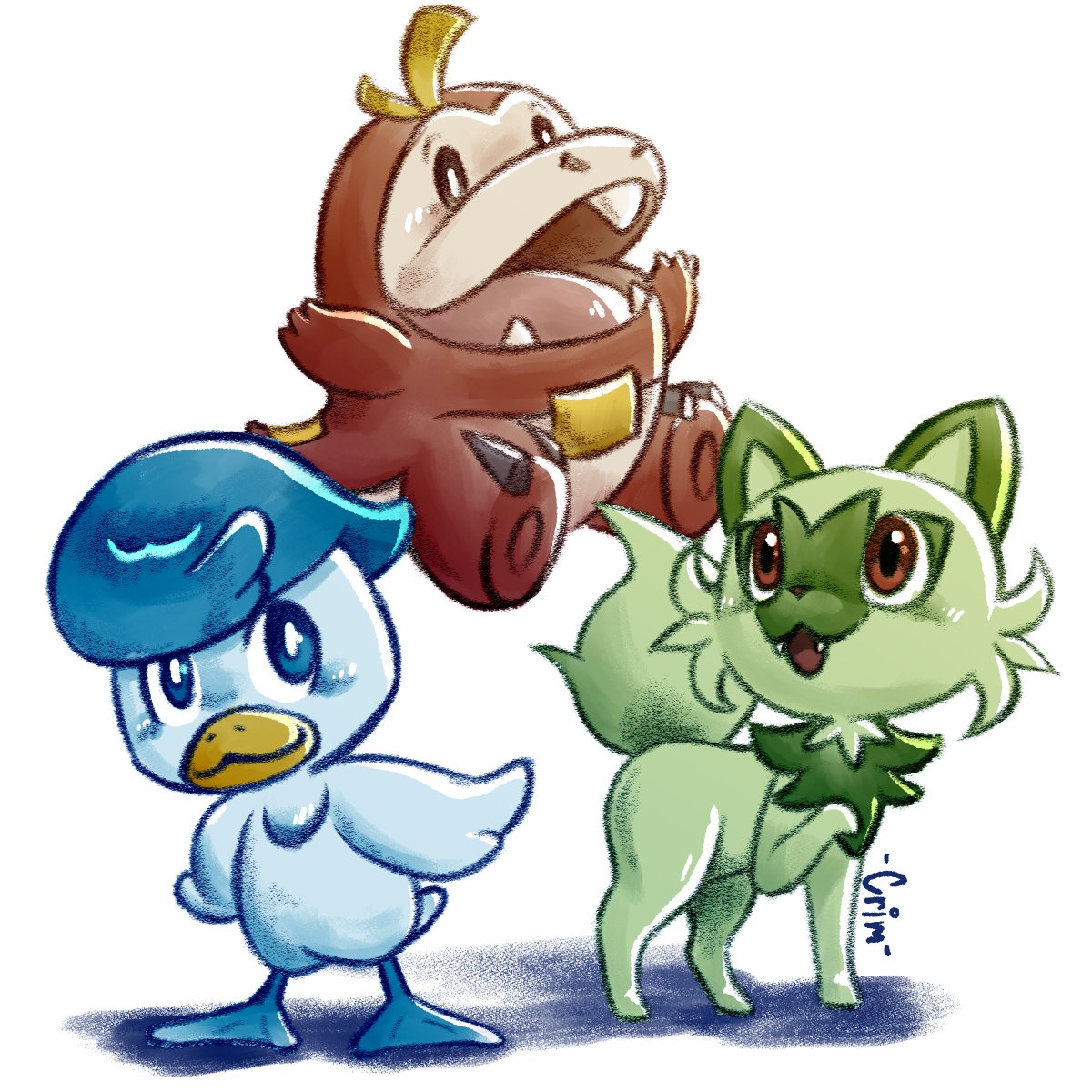 JustWanderings's tweet photo. I've actually been a little busy but I wanted to doodle the starters quickly. I know I'm a little late to the party.

#pokemon #Sprigatito #fuecoco #quaxly https://t.co/ZnNmHx8PwT