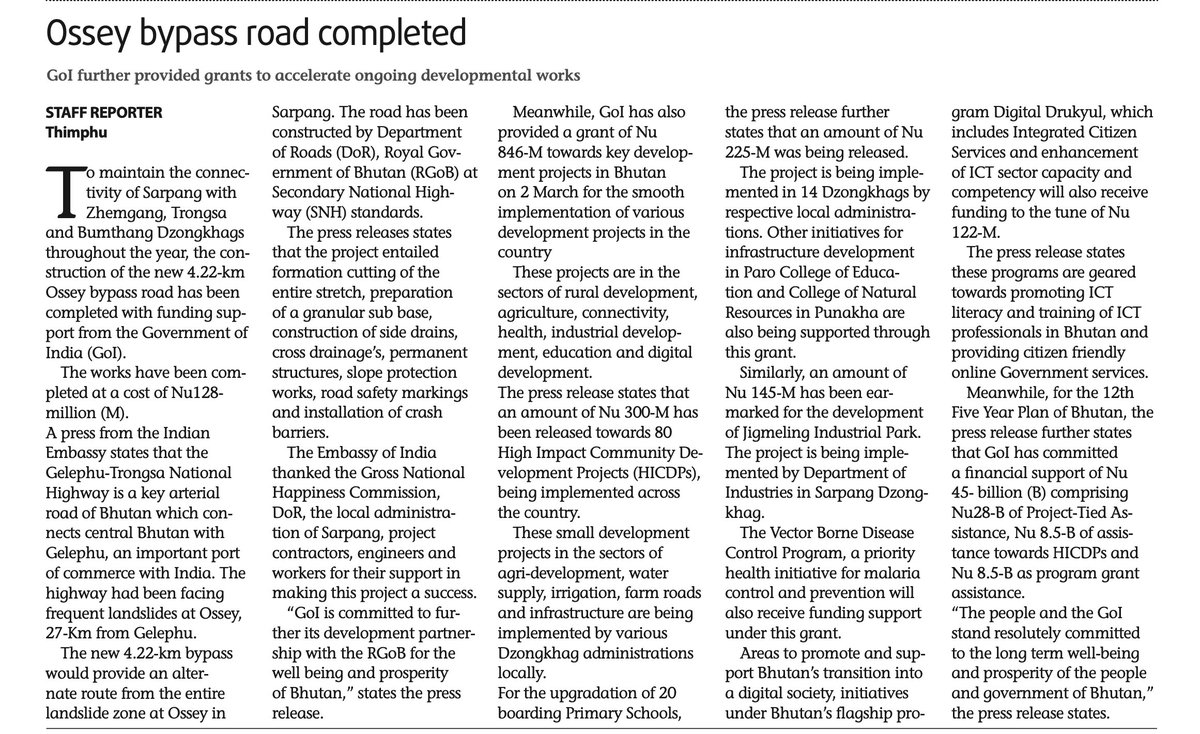 Indiainbhutan's tweet image. India-Bhutan development partnership in action!

Bhutan Times @BhutanT report of 13 March 2022 on the provision of development grant of Rs./Nu 846 million and completion of the Ossey Bypass Road Project.

#DevelopmentPartners

@PMBhutan @FMBhutan @BhutanMoea @BBSBhutan