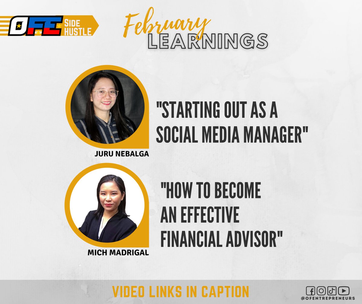 ofentrepreneur1's tweet photo. Hello mga ka-OFE!

Balikan natin ang learnings na ibinahagi ng ating kaOFE sa buwan ng Pebrero.
⁠
Juru Nebalga's Starting Out as a Social Media Manager:
https://t.co/h5Ud6cFNoX

Mich  Madrigal's How to Become an Effective Financial Advisor:
https://t.co/xWZ7etgEtk https://t.co/kS48e8TbRk