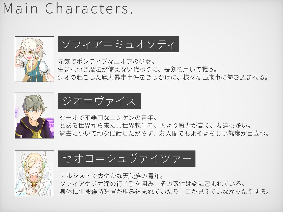 JunoOwO's tweet photo. 固ツイ更新！(2022/03/20 ver.)

自創作『Impulse:O-Sophia』の概要、キャラ紹介です！
これを見れば世界観がわかるぞ！

返信欄にキャラ紹介など追加していきます！ https://t.co/YX0p3YbIIM