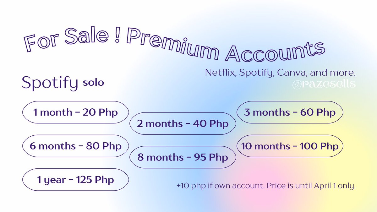 razesells's tweet photo. ꒰ wts lfb premium ph ꒱ help rt

𓂋 on hand spotify premium accounts.
1M - 20 php
2M - 40 php
3M - 60 php
6M - 80 php
8M - 95 php
10M - 100 php
1Y - 125 php
+10 php if own account

⊹ reply/dm if availing ! mop: gcash

t. spotify premium ph selling bnstwt ph for sale https://t.co/TAFBnfoNtm