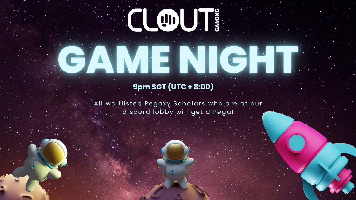 cloutgamingio's tweet photo. Looking for #Pegaxy #scholarship? Cheers to our Guild's Game Night! See you tonight at 9pm SGT (UTC + 8:00), 20/3/2022.

All waitlisted Pegaxy Scholars who are at our discord lobby will get a Pega! https://t.co/nEyV0j13w5

#PegaxyScholarships
@PegaxyOfficial @Evaverse_NFT https://t.co/eM0KrKyNAV