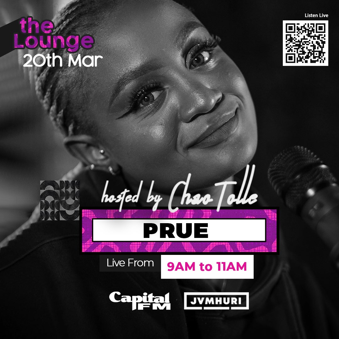 Happy Sunday ✨

We have Afro Soul artist, Prue, joining <a href="/chaolafemefatal/">Chao Tolle</a> on <a href="/TheLounge984/">Lounge984</a> “Live Sessions” this morning for the first time 🎸🎤🎶

Listen live from 9am-11am: radio.capitalfm.co.ke

#TheLounge984