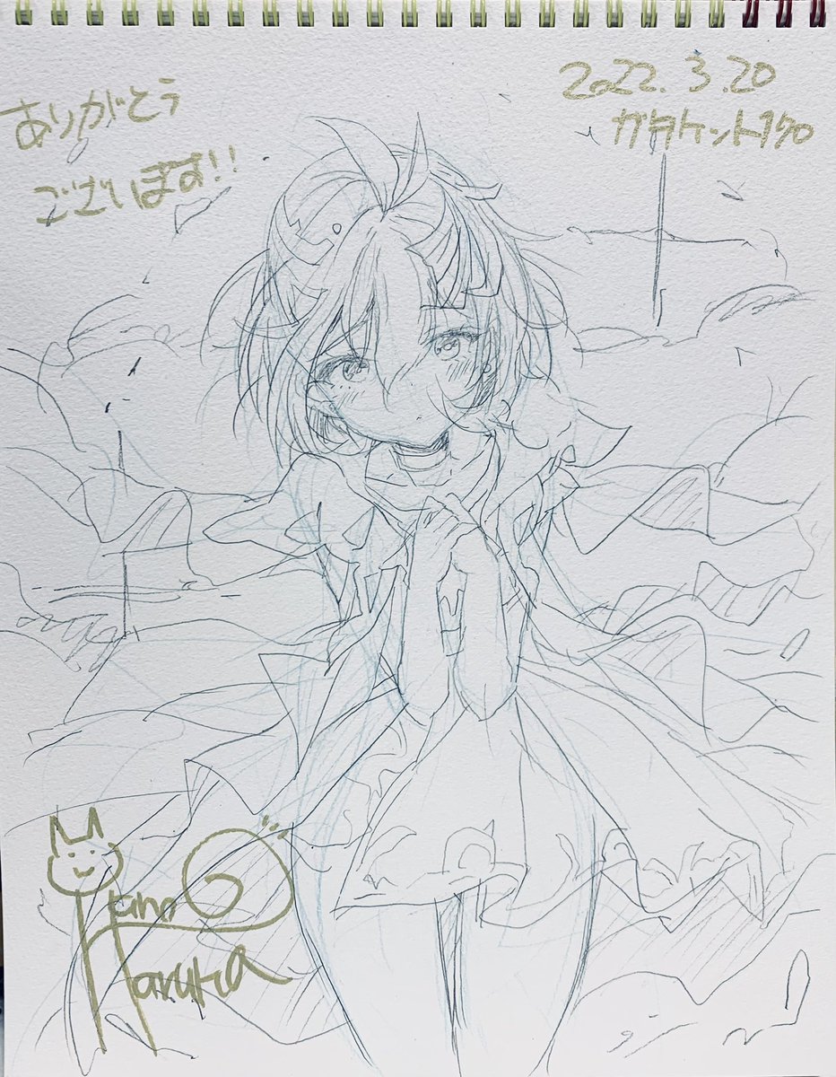 グラブル のユニちゃん!剣盾のマリィちゃん!デレマスの森久保乃々ちゃん!私のキャラの千雪ちゃん!スケブ描かせていただきました!ありがとうございました🐱 