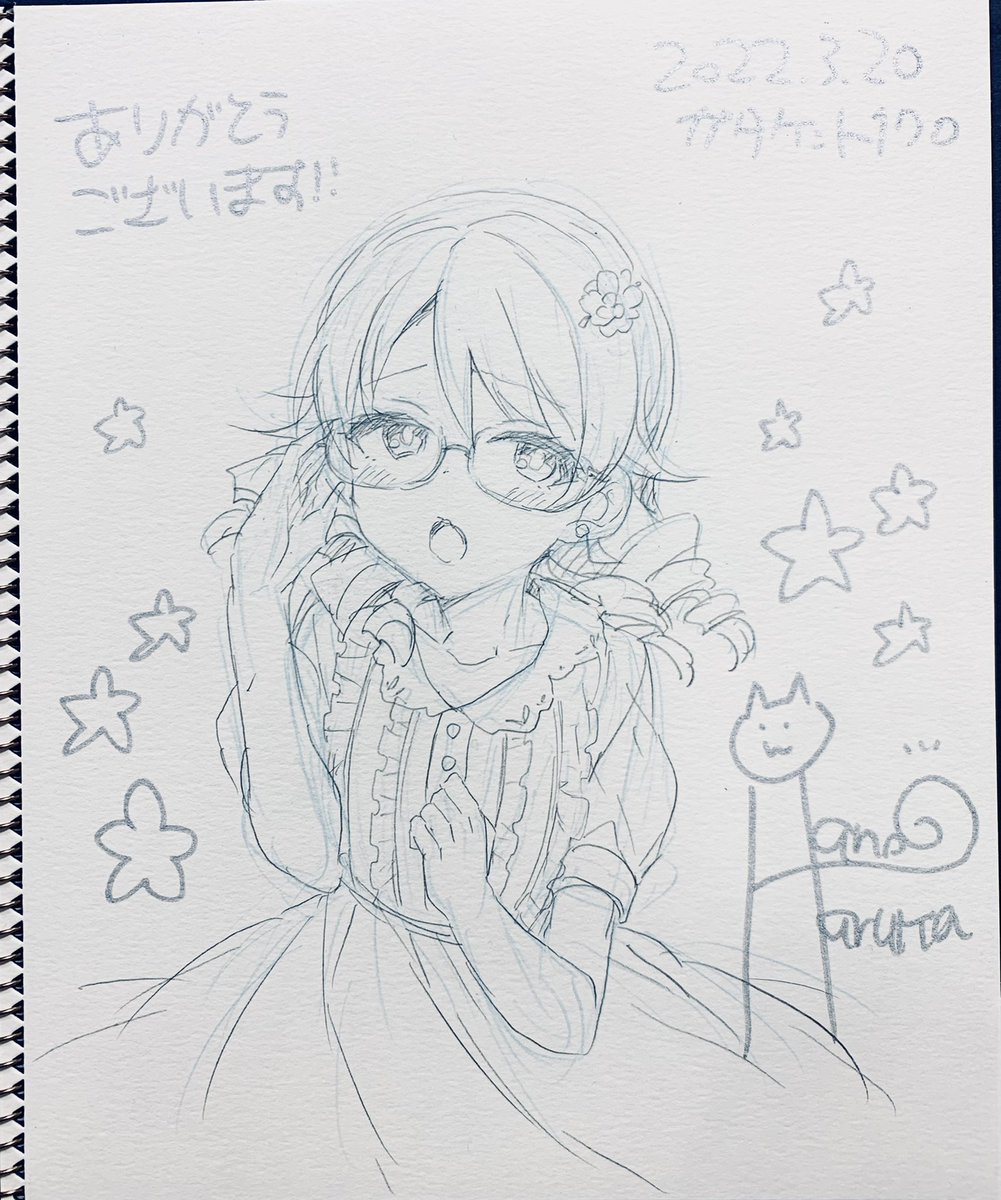 グラブル のユニちゃん!剣盾のマリィちゃん!デレマスの森久保乃々ちゃん!私のキャラの千雪ちゃん!スケブ描かせていただきました!ありがとうございました🐱 