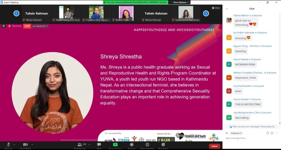 YUWAtweets's tweet photo. Our SRHR Program Coordinator @Shya_Shrestha spoke as a Youth Solution Speaker at #APFSDYouth2022. She talked about the work YUWA has been doing to advance #SDG4 through #comprehensivesexualityeducation and #leadershiptransformation https://t.co/Ea2eMK9foy