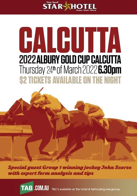Albury Gold Cup Calcutta Thursday 24th March!!

Tickets on sale @ 6.30pm $2 per ticket
Presented by racing legend <a href="/JohnScorse/">John Scorse</a> for expert form analysis and tips!

Also special thanks to <a href="/acronin11/">Andrew Cronin</a> for making it happen
<a href="/johnscorse/">John Scorse</a> <a href="/acronin11/">Andrew Cronin</a> <a href="/AlburyRacing/">Albury Racing Club</a>  <a href="/SkyRacingAU/">SKY Racing</a> <a href="/tabcomau/">TAB</a>