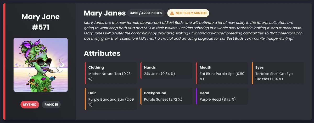 Dark_NonFT's tweet photo. Hey @MaryJaneNFTs &amp; @BestBudsNFTs FAMILY! ❤️‍🔥
Yesterday was my Birthday and i thank you very much for that GIFT 🎁

Luckily i mint' 1 LEGENDARY 🔥
&amp;nd   1 MYTHIC!💎

Show your MaryJane below ⤵️

Dont forget that i follow all back who follow me 💨🌊

#BestBuds #MaryJane #NFT #SOL https://t.co/emgOoisj29