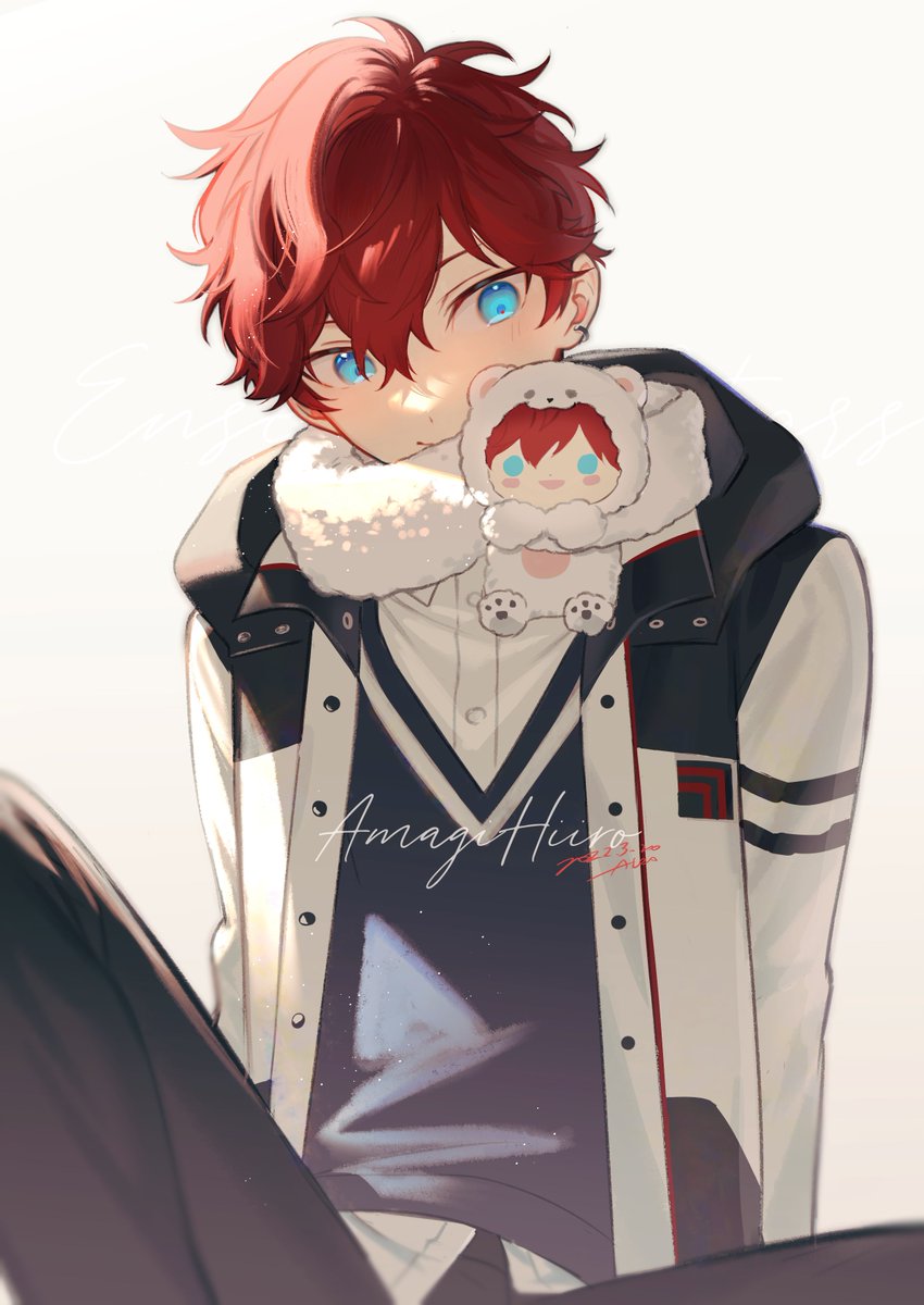 1boy male focus blue eyes red hair pants solo jacket  illustration images