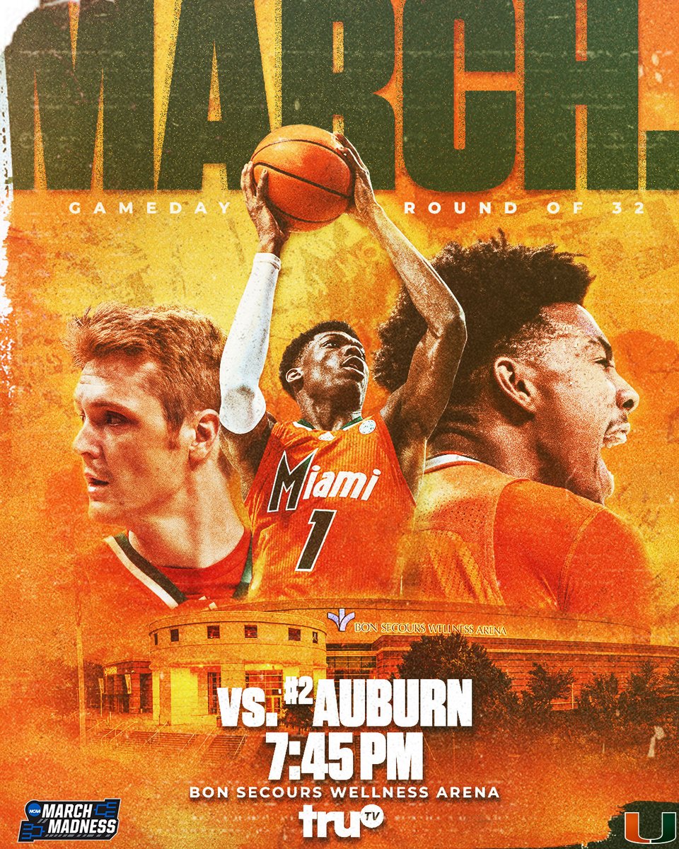 CanesHoops's tweet photo. GAMEDAY GAMEDAY GAMEDAY!
𝐑𝐨𝐮𝐧𝐝 𝐨𝐟 𝟑𝟐
No. 10 Miami 🆚 No. 2 Auburn
Tonight at 7:45 PM on truTV. https://t.co/RmB7pP8jaU