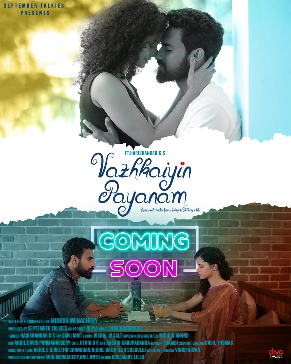 divomovies's tweet photo. A musical chapter from #Karthik and #Steffany's life 🤩
#VazhkaiyinPayanam music video coming soon ❤️ Stay tuned with @divomusicindia 👍
Directed by #MidhunMenachery
Cast: #ClinceAntony #IshitaSingh https://t.co/zDLAh59FHC