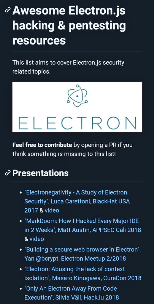 Awesome Electron.js hacking &amp; pentesting resources: 

This list aims to cover Electron.js security related topics.
Feel free to contribute by opening a PR if you think something is missing to this list!
github.com/doyensec/aweso…

#infosec #bugbounty
#opensource #cybersecurity #AI