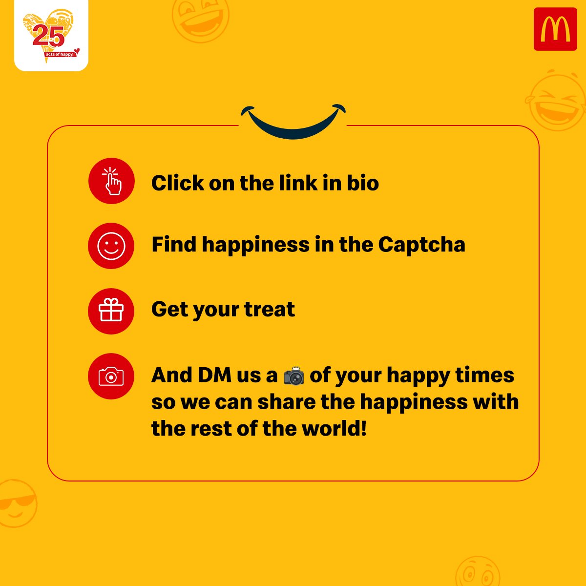 mcdonaldsindia's tweet photo. 3 ways we’re celebrating #InternationalDayOfHappiness! 
Looking 🔍 for Happiness. Indulging 🍔🍟🥤 in Happiness. Sharing 📸 Happiness.

#CaptchaHappiness #25ActsOfHappy https://t.co/D9noGYzsGo