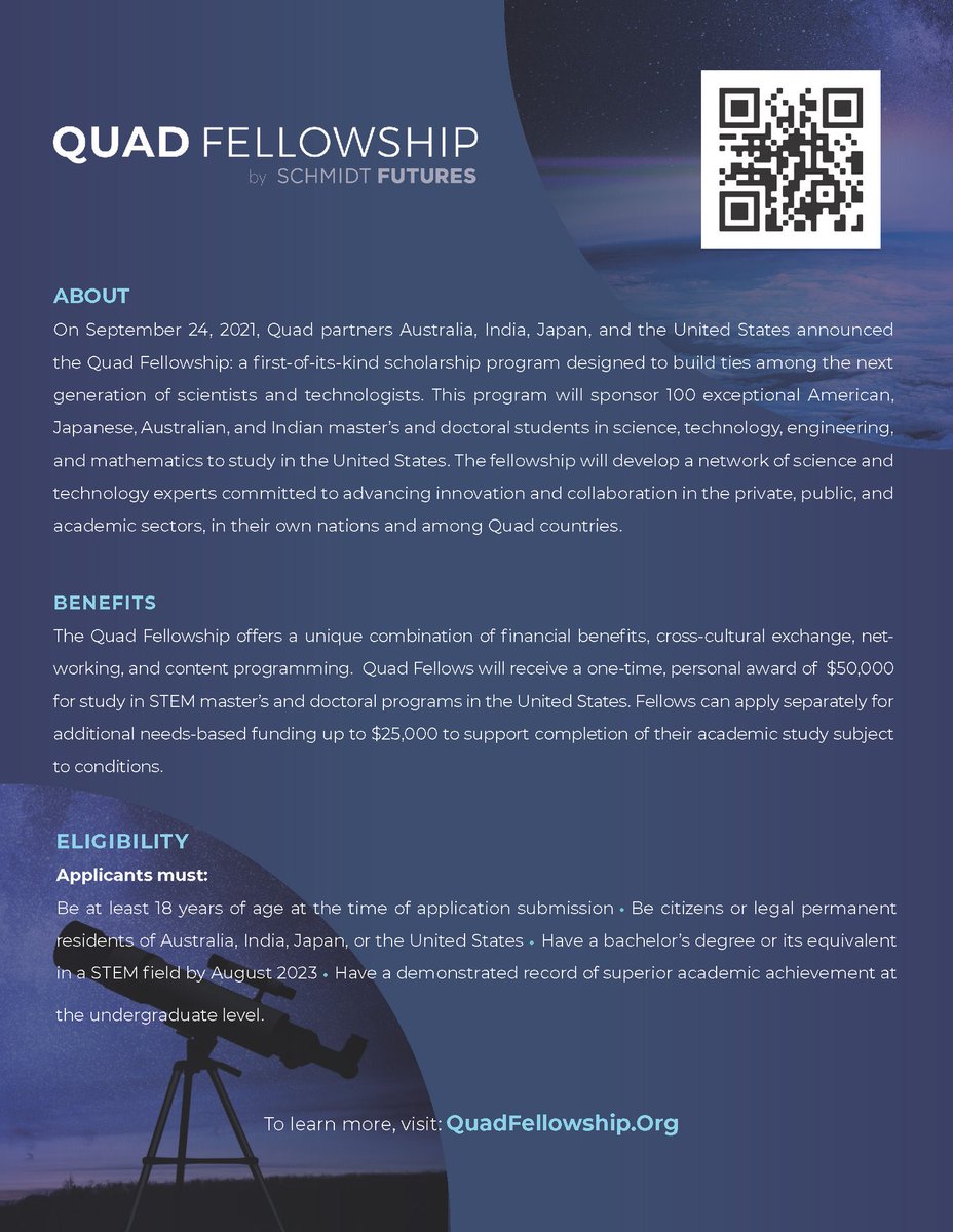AusDHCIndia's tweet photo. Happy weekend to all Indian Masters &amp; PhD students: you're invited to apply for these unique Quad Fellowships. They will develop a network of science &amp; technology experts committed to advancing innovation and collaboration in our own - and between - #Quad nations 🇺🇸🇯🇵🇦🇺🇮🇳 (1/2) https://t.co/gy04mZ2DPJ
