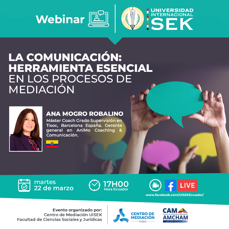 UISEK's tweet photo. Junto a @coach_AniMo, gerente general de @AnimoCoaching, analizaremos la importancia que tiene el manejo de una comunicación asertiva para el éxito de los procesos de #mediación.
▶ FB Live: https://t.co/QzM4ynNpNR
🗓 22 de marzo 🕔 17h00
#UISEK #DerechoUISEK #CAMUISEK