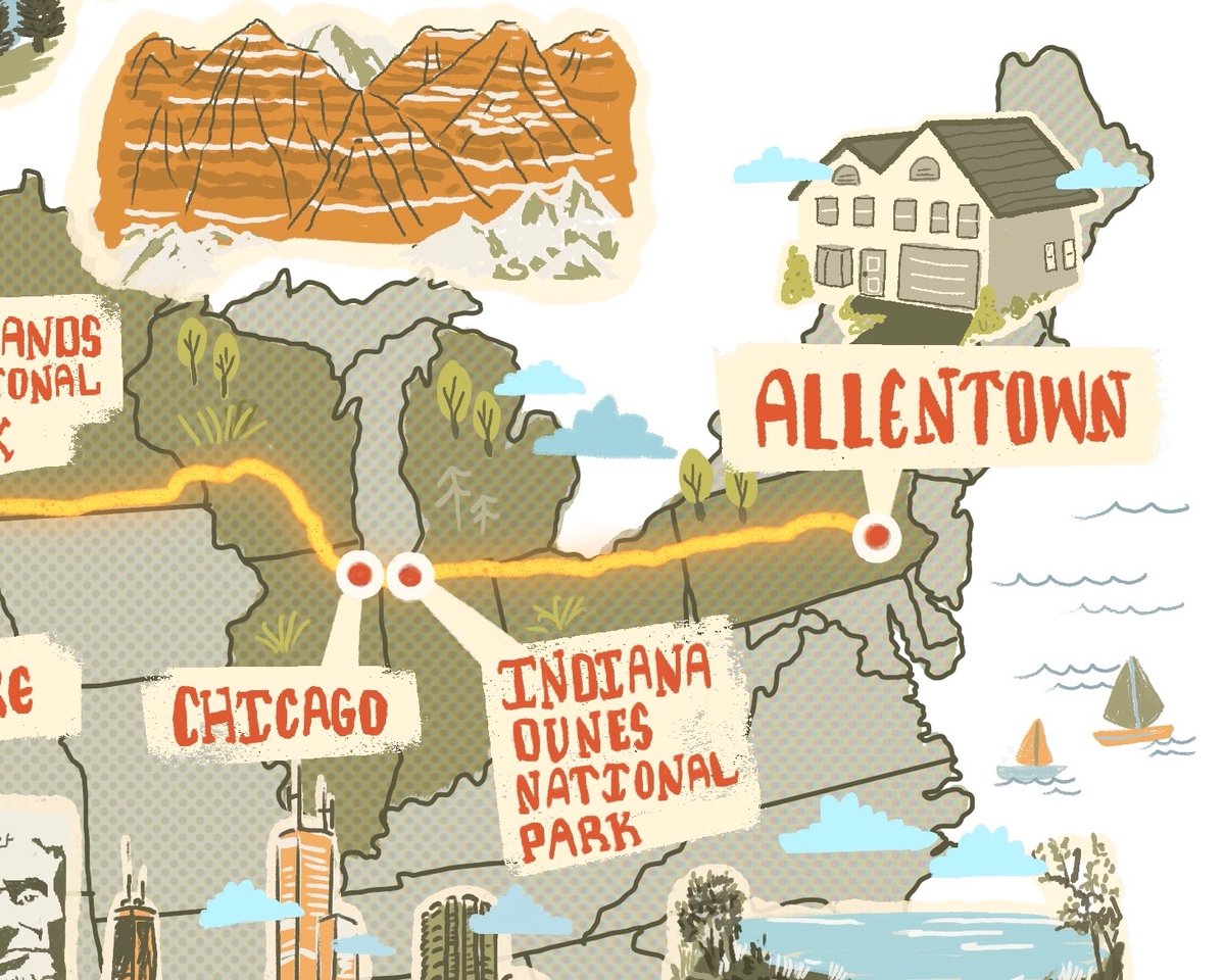 Made this map 🗺 last year to illustrate the road trip my brother took in 2020. #Cartography and #illustration coming together. Exported from #Qgis and finalized in #Procreate.  #kidlitart