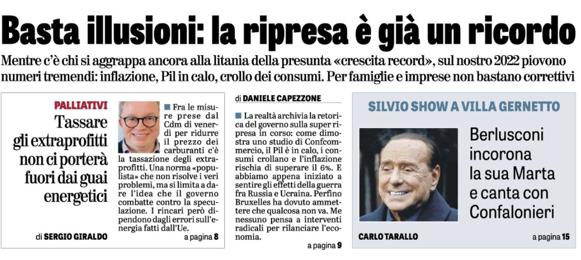 Capezzone's tweet photo. +Oggi su @laveritaweb+
Il botto si sente fortissimo, ma non è il “boom economico”.Frena il Pil, schizza l’inflazione, enorme incertezza. Famiglie e imprese alle prese con pazzeschi aggravi di costi. Servirebbe uno choc fiscale, ma il tema dei tagli di tasse pare sparito dai radar https://t.co/7AJRWRJvmg