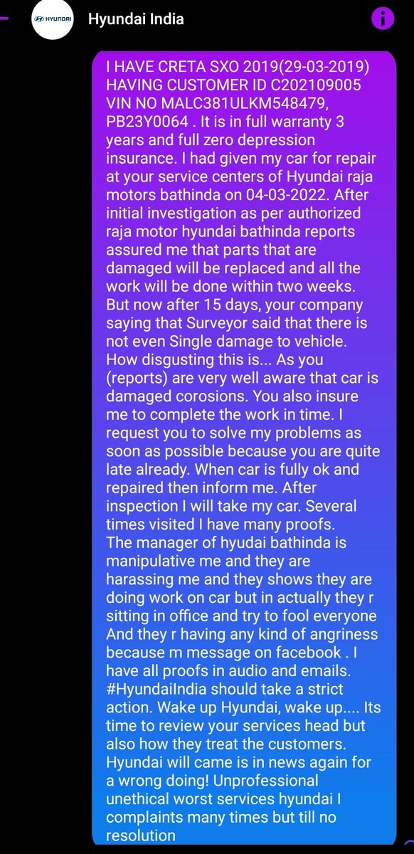 rajneeshmansa's tweet photo. @HyundaiIndia @Hyundai_Global @AAPInNews @aajtak @ndtvindia @ndtvindia @nitin_gadkari @CNBC @UnitedIndiaInsu
I HAVE CRETA SXO 2019(29-03-2019) HAVING CUSTOMER ID C202109005
VIN NO MALC381ULKM548479, PB23Y0064 . It is in full warranty 3 years and full zero depression insurance. https://t.co/CChq9jB87T