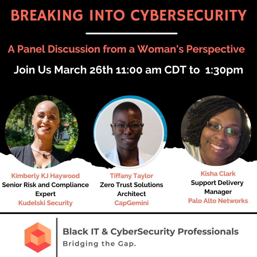 In honor of Women's History Month, Black IT &amp; Cybersecurity Professionals is hosting a career discussion for women trying to break into the Cybersecurity industry. 
lnkd.in/dEeuBncY

#womeninsecurity #cybersecurity #womenintechnology #womenengineers #womenshistorymonth
