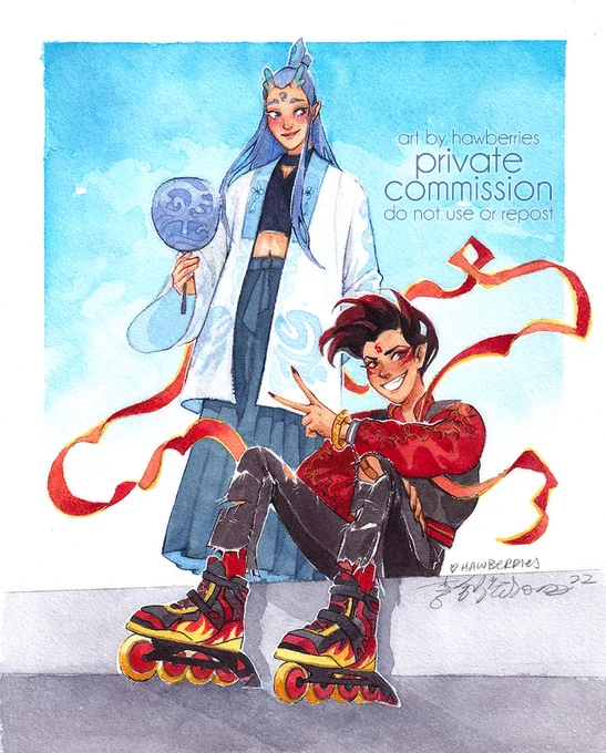 [nezha • commission] a recent Fashion Oubing painting for Leigh! I've missed drawing these boys so much… Nezha's stupid flavourtown skates… what a treat this was to work on 