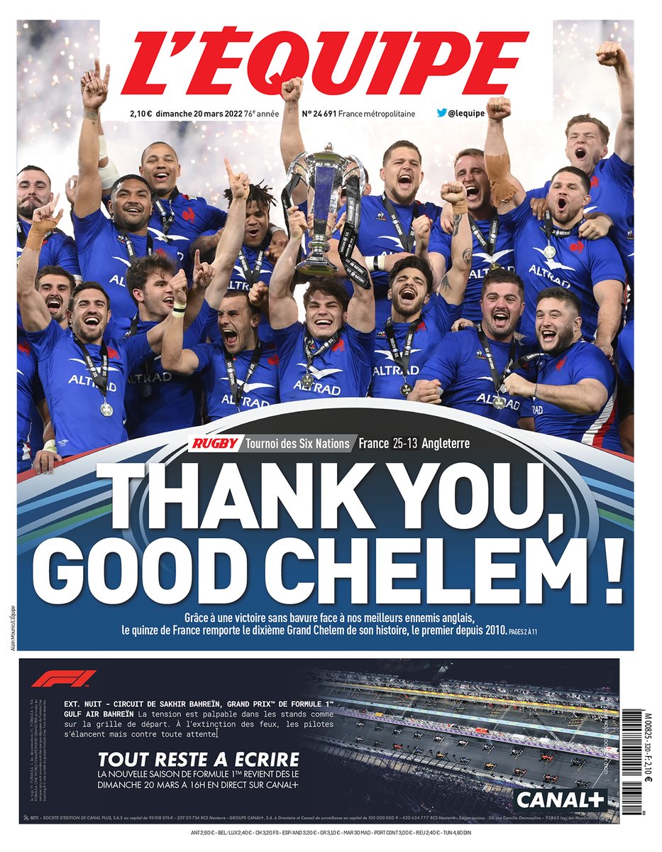 Voici la une du journal L'Équipe du 20 mars 2022 > ow.ly/B4W930sesQ6