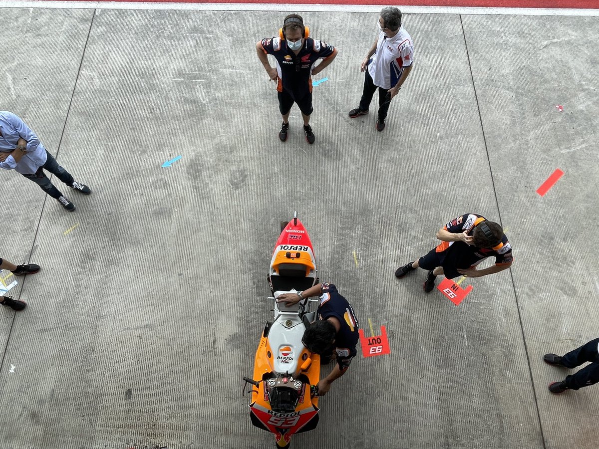 denkmit's tweet photo. No word yet on whether Marc Marquez will race, but his bikes are being warmed up https://t.co/tWlJ4ewGgb