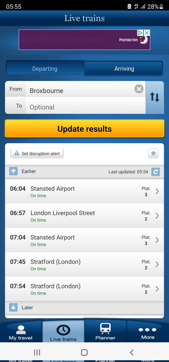 DeanClegg's tweet photo. @greateranglia how comes there is nothing on the display boards or app about a train leaving Broxbourne Station at 05:55 this morning going to Liverpool Street? But there was definitely a train that stopped. https://t.co/zZ9ar5vqiC
