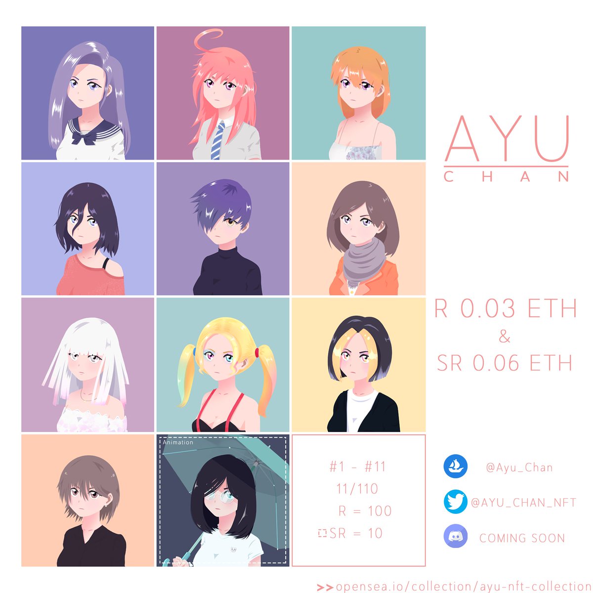 📣 Hello Everybody!! 📣

💜 AYU CHAN Collection💜
⬜️R   10/100 : 0.03 ETH
🟨SR   1/10   : 0.06 ETH
Drop every Sunday at 10:00 pm. (UTC+7 : Bangkok time)

Available on <a href="/opensea/">OpenSea</a> 
opensea.io/collection/ayu…

#NFT #NFTCommunity #NFTcollection #NFTTHAILAND
#NFTartist