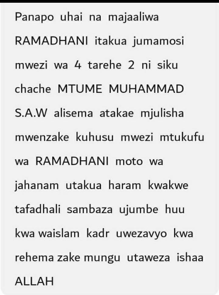 SnrDirector's tweet photo. Ramadhani yaweza kuwa tarehe 2/4/22 kutegemea na muandamo wa mwezi. Retweet iwafikie angalau watu 1,000 kabla ya siku hiyo. Namuomba  Mola akulipe yaliyo mema kwa kusambaza ujumbe huu wa kuwaandaa waja wake. Aaamiin https://t.co/3sereyUN9M