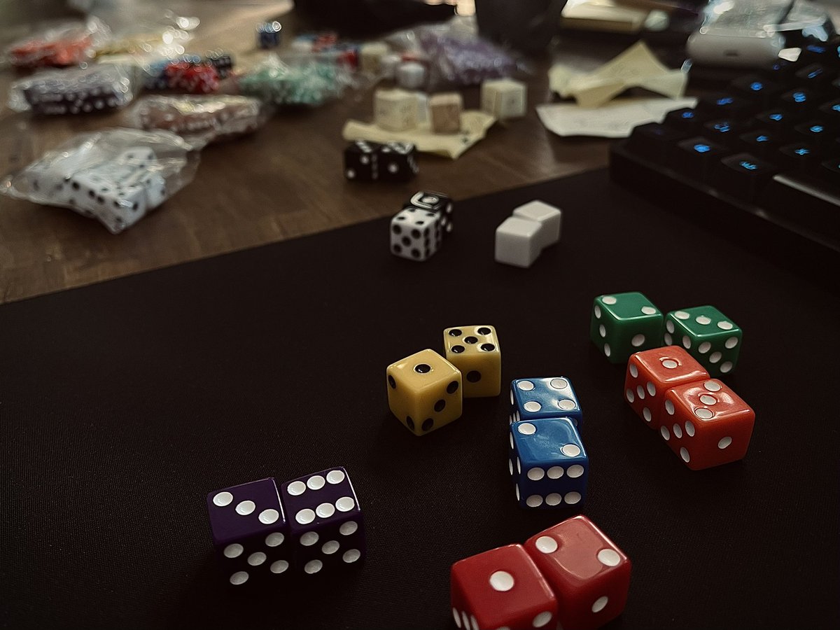 _TheEncounter's tweet photo. Sunday‘s dice chaos 🥰Testing and tweaking my dice mechanic ideas. Stick around: I‘m planning to share a game summary‘ish tweet thread soon #paperprototyping #gamedesign #indiedev #gamedev #boardgames #dicegames #solodev #dice https://t.co/6bLQbfRaJ3