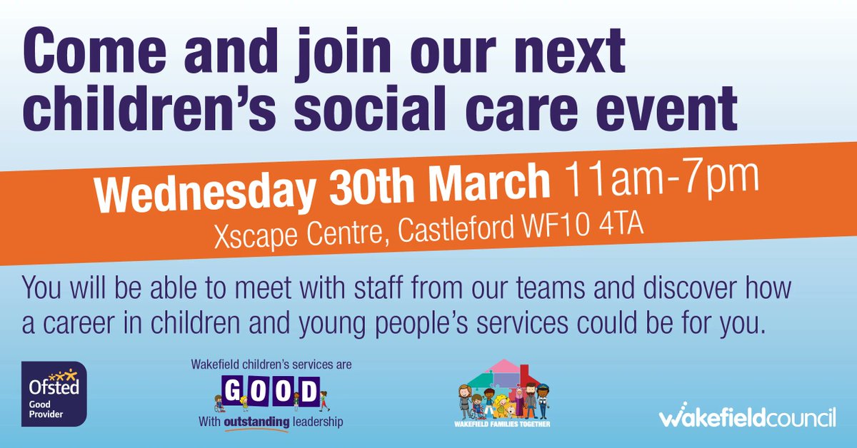MyWakefield's tweet photo. Come and join us at our Children and Young People social care event at Xscape 😍 

Start a rewarding career in Children and Young People social care and you could change the lives of so many people 🕊️

Find out more about the roles at 👉https://t.co/8I5oMExb94 https://t.co/VNmkamZQ6p