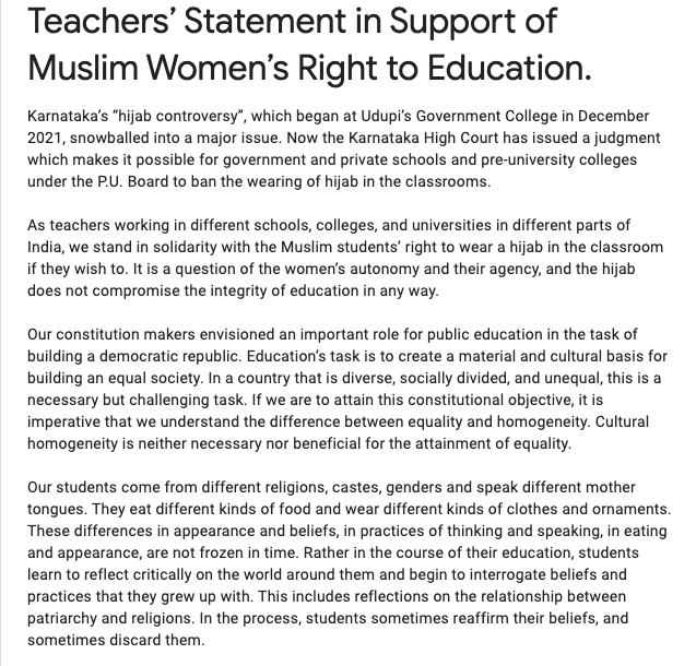AIPFblr's tweet photo. To all teachers : Consider endorsing this statement  in solidarity with the Muslim students’ right to choose to wear a hijab in the classroom -  a question of  women’s autonomy &amp; agency, that does not compromise the integrity of education in any way. 

https://t.co/Odqz2RMT6h https://t.co/q9rQF5fdZB