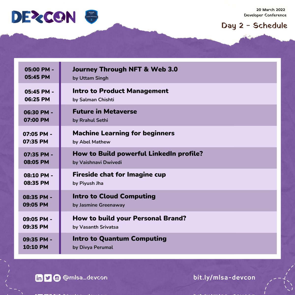 MLSA Developer Conference (@mlsa_devcon) on Twitter photo Today's agenda for DevCon
Day 02
.
.
@singhk_uttam
<a href="/SalmanMKC/">Salman Chishti</a>
<a href="/SethiRrahul/">Rrahul Sethi</a>
<a href="/designrknight/">Abel Mathew</a>
<a href="/dwvicy/">Vaish Dwivedi</a>
<a href="/_piyush_jha/">Piyush Jha</a>
<a href="/vsnthdev/">Vasanth Srivatsa</a>
#mlsa_devcon #mlsa #Developer #Conference #Microsoft Today's agenda for DevCon
Day 02
.
.
@singhk_uttam
<a href="/SalmanMKC/">Salman Chishti</a>
<a href="/SethiRrahul/">Rrahul Sethi</a>
<a href="/designrknight/">Abel Mathew</a>
<a href="/dwvicy/">Vaish Dwivedi</a>
<a href="/_piyush_jha/">Piyush Jha</a>
<a href="/vsnthdev/">Vasanth Srivatsa</a>
#mlsa_devcon #mlsa #Developer #Conference #Microsoft
