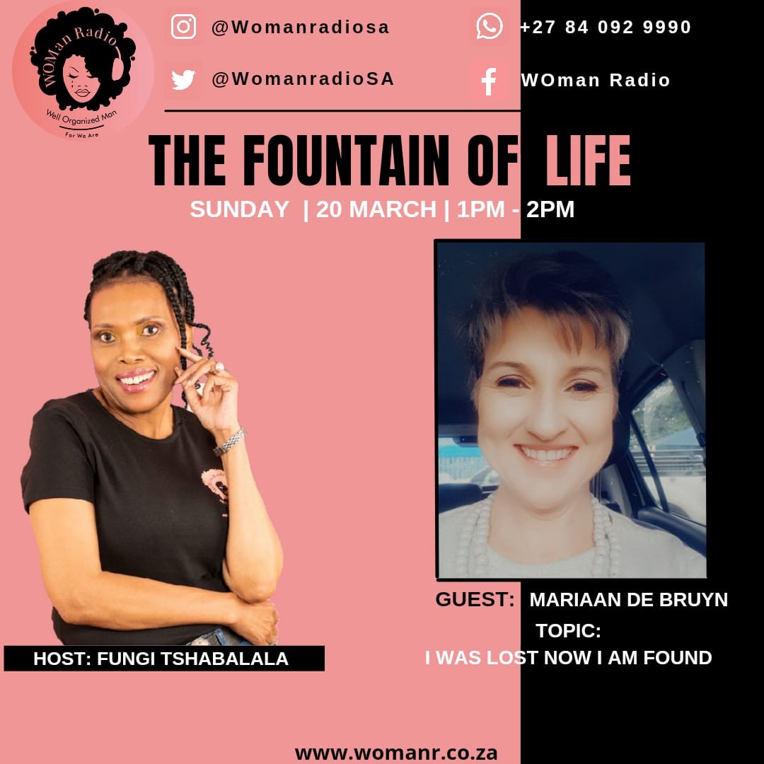 WomanradioSA's tweet photo. Sundays are for #TheFountainofLife

Join @fungiraks as she has a chat with Mariaan De Bruyn, a recovering addict, single mother of 2 girls, but most importantly a child of God.

Today's topic : I was lost but now I am found

#sunday #Online #Radio #lifestory https://t.co/STHA7r9BNU